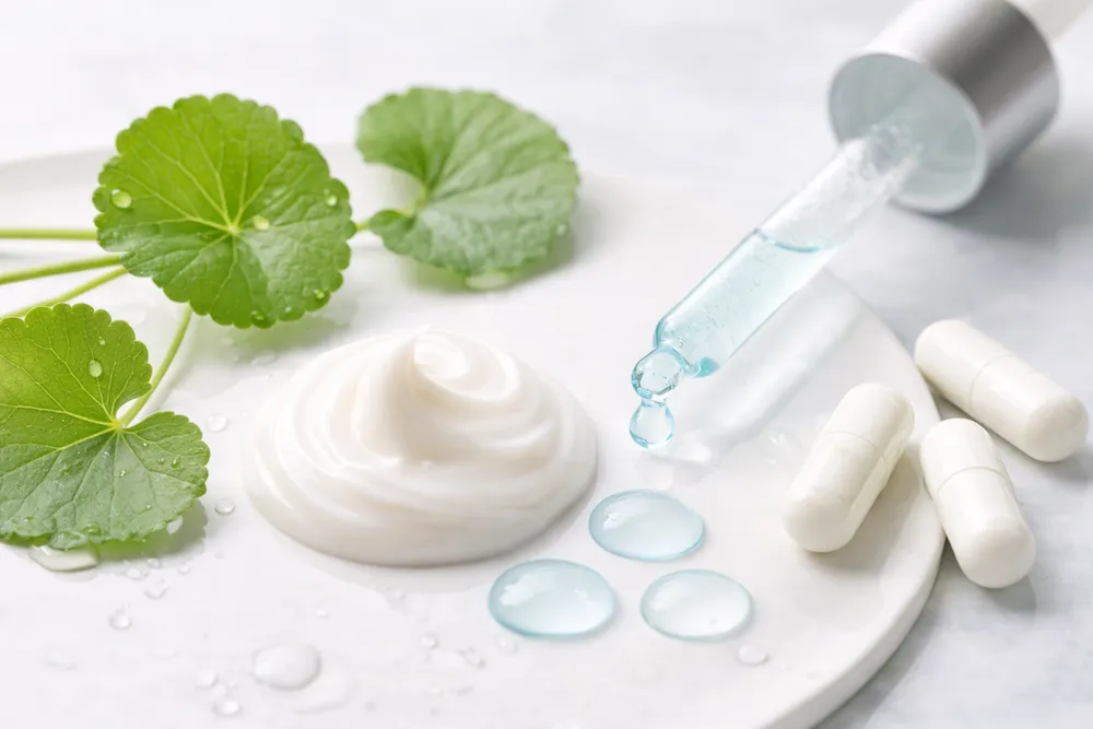 activos cosméticos calmantes como centella asiática y sérum para piel con enrojecimiento facial