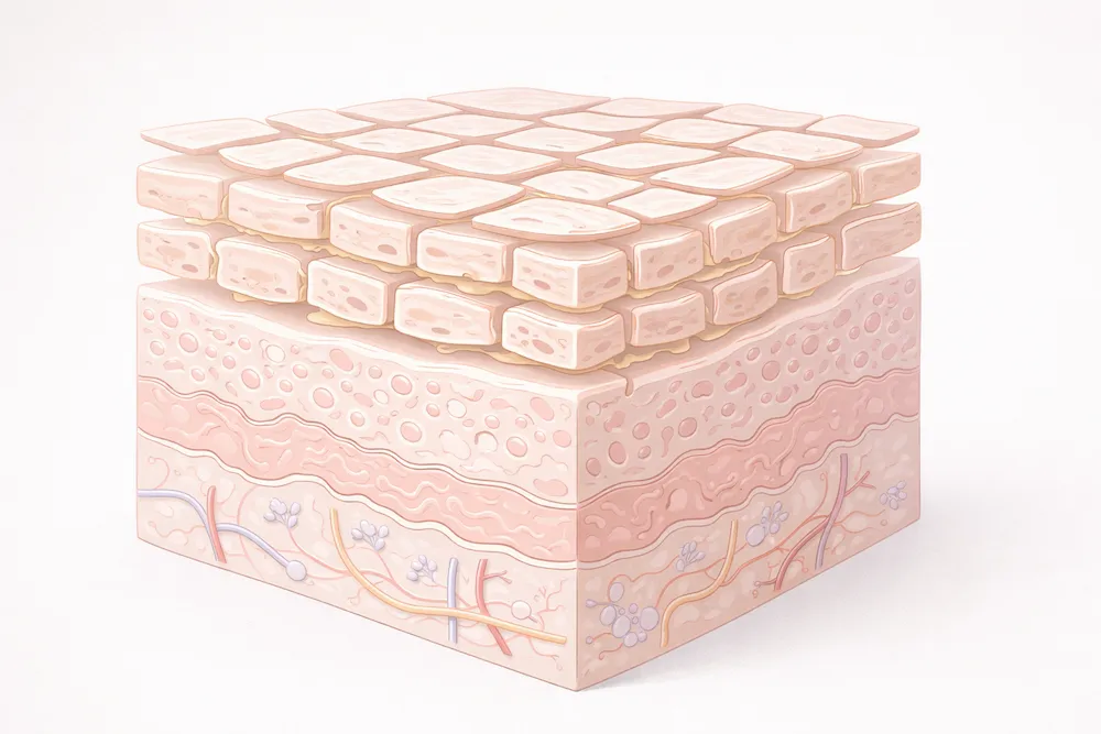 Ilustración dermatológica de la estructura de la barrera cutánea en la piel