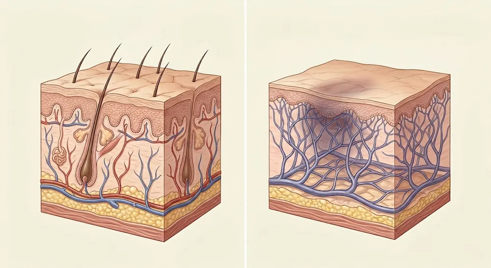Piel fina del contorno de ojos que permite ver los vasos sanguíneos bajo la piel