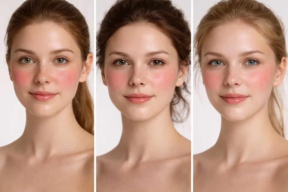 mujeres con enrojecimiento facial visible en las mejillas