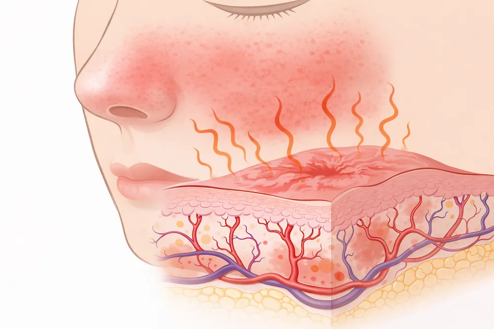 ilustración de enrojecimiento facial causado por dilatación de vasos sanguíneos en la piel