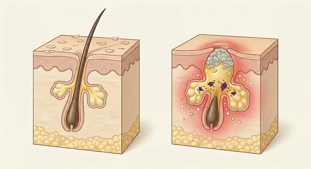 formación del acné en el poro de la piel por acumulación de sebo y células muertas