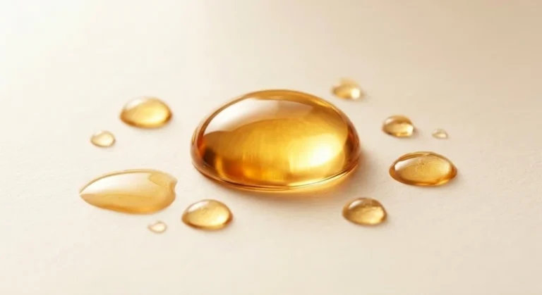 Gotas de sérum antioxidante dorado con glutatión tópico sobre superficie crema