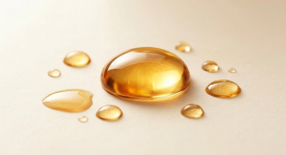 Gotas de sérum antioxidante dorado con glutatión tópico sobre superficie crema