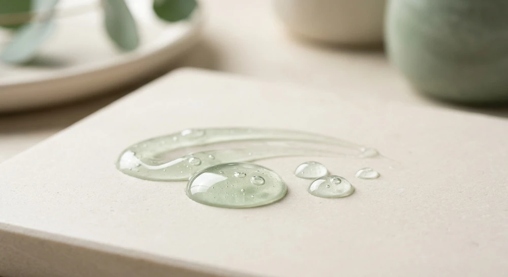 Textura de sérum con niacinamida sobre superficie beige, activo cosmético en dermocosmética