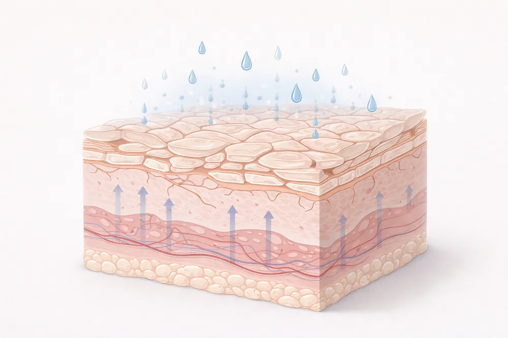 Ilustración dermatológica de pérdida transepidérmica de agua en piel deshidratada