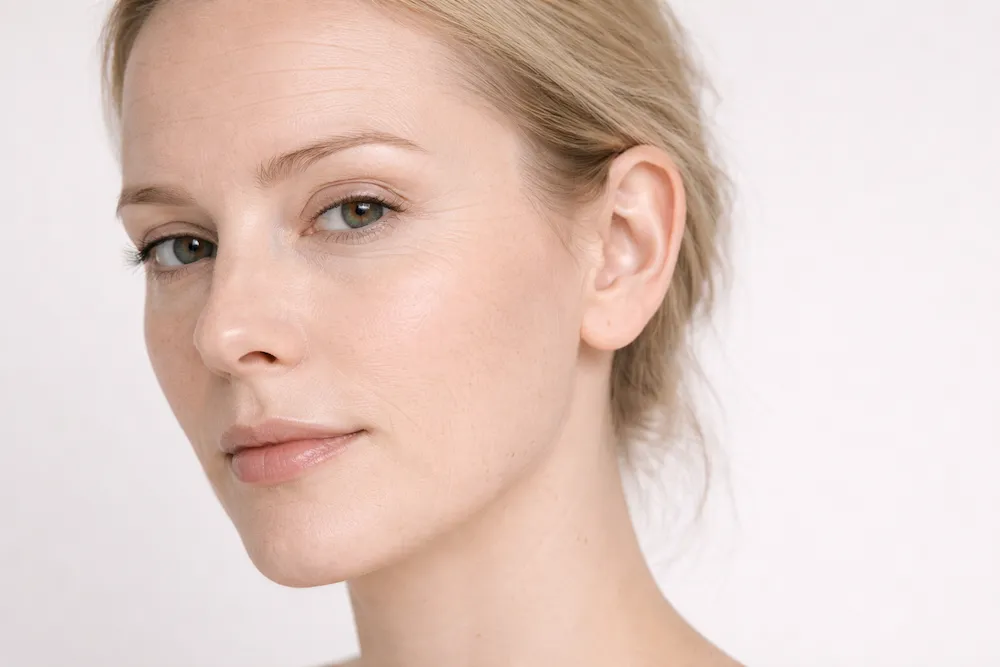 Piel deshidratada en el rostro con líneas finas de deshidratación y textura cutánea ligeramente apagada.