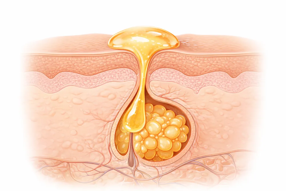 ilustración de poro de la piel con exceso de sebo producido por la glándula sebácea