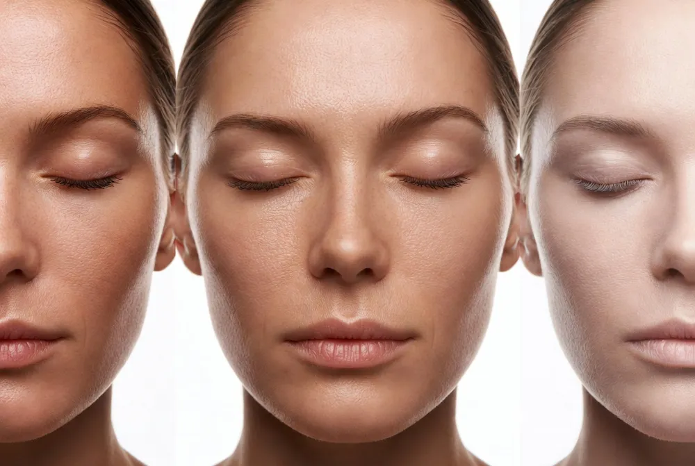 Comparativa de piel luminosa y piel opaca mostrando diferencias en reflejo de la luz y uniformidad del tono