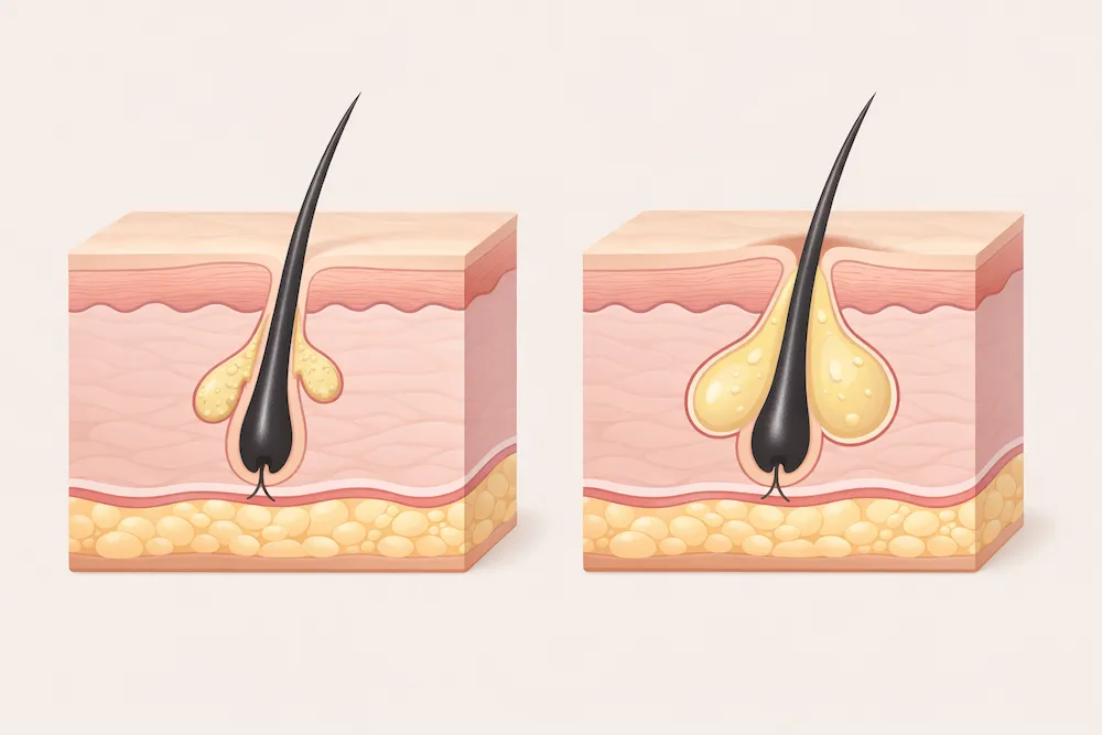 poro dilatado en la piel por acumulación de sebo en el folículo piloso