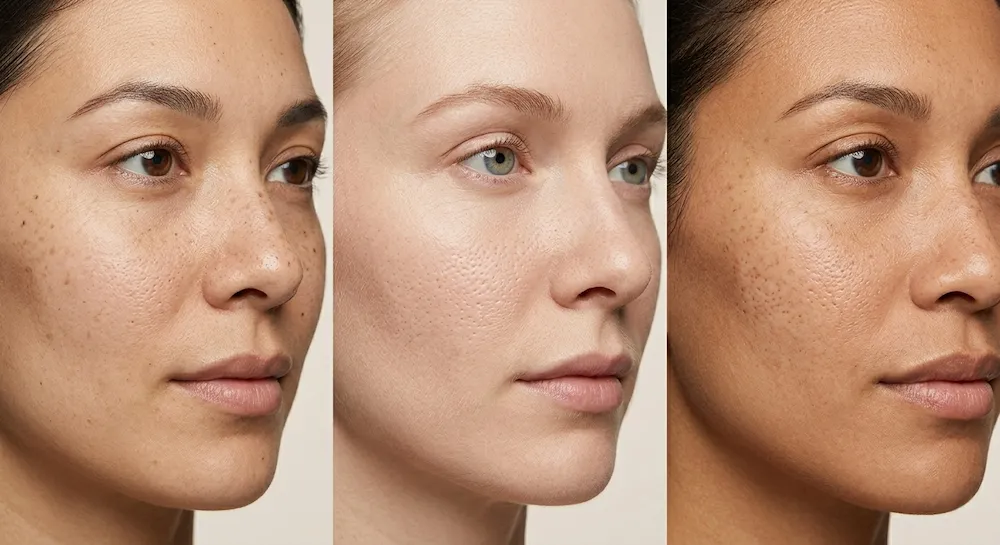 poros dilatados visibles en la piel del rostro en diferentes niveles de textura cutánea