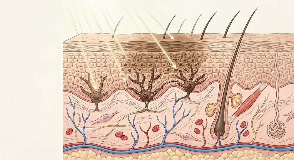 Radiación ultravioleta estimulando la producción de melanina en la piel