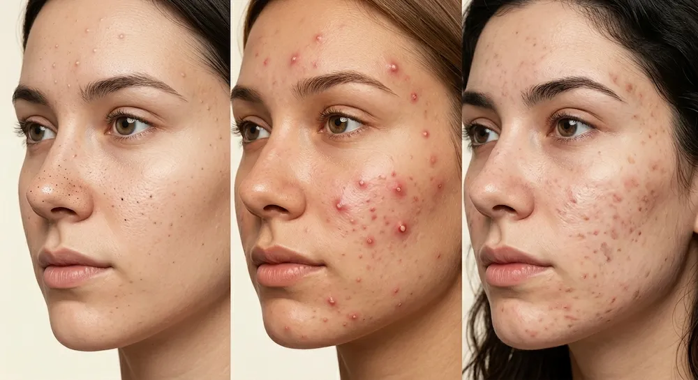 diferentes tipos de acné en el rostro: comedones, acné inflamatorio y marcas post-acné