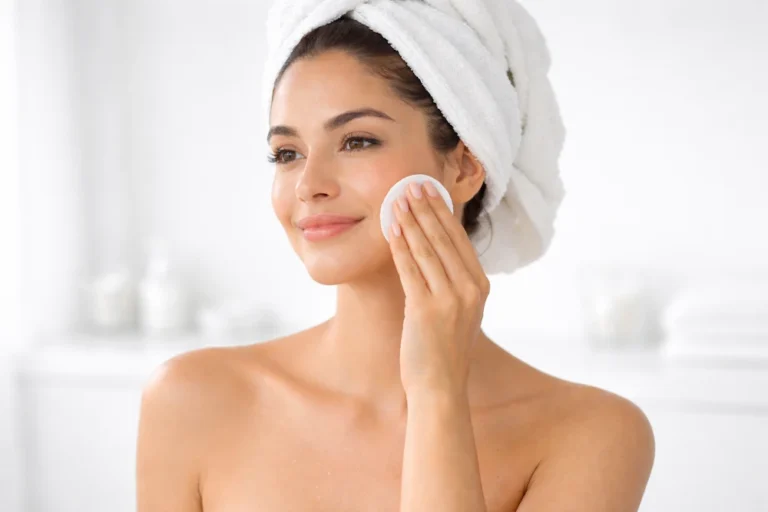 mujer aplicando tónico con ácido salicílico sobre la piel con algodón