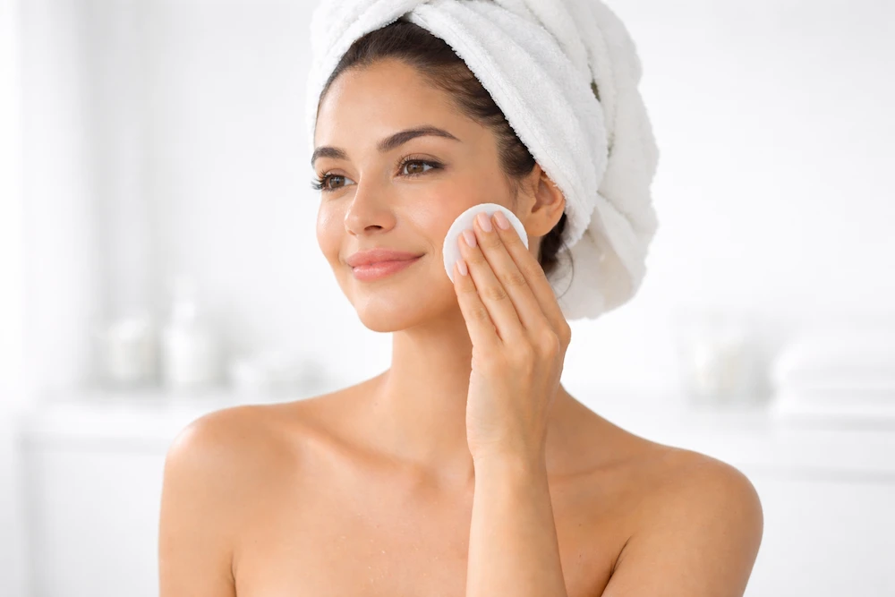 mujer aplicando tónico con ácido salicílico sobre la piel con algodón