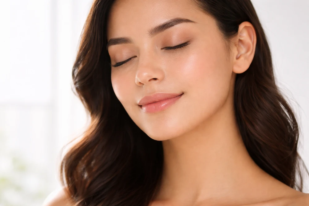 mujer con piel uniforme y luminosa tras uso de alfa arbutin