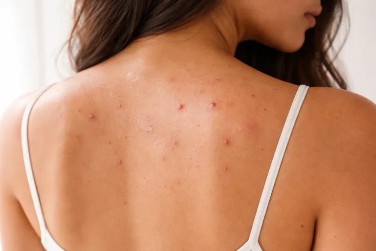 mujer con bacne o acné corporal en la espalda