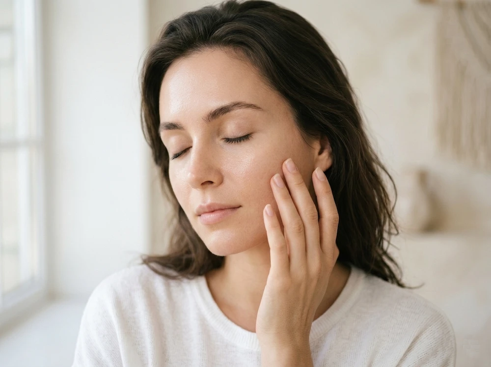 mujer tocando suavemente su mejilla mostrando piel sana con barrera cutánea cuidada