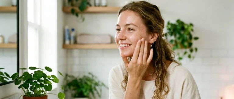 mujer aplicando sérum con centella asiática sobre la piel del rostro