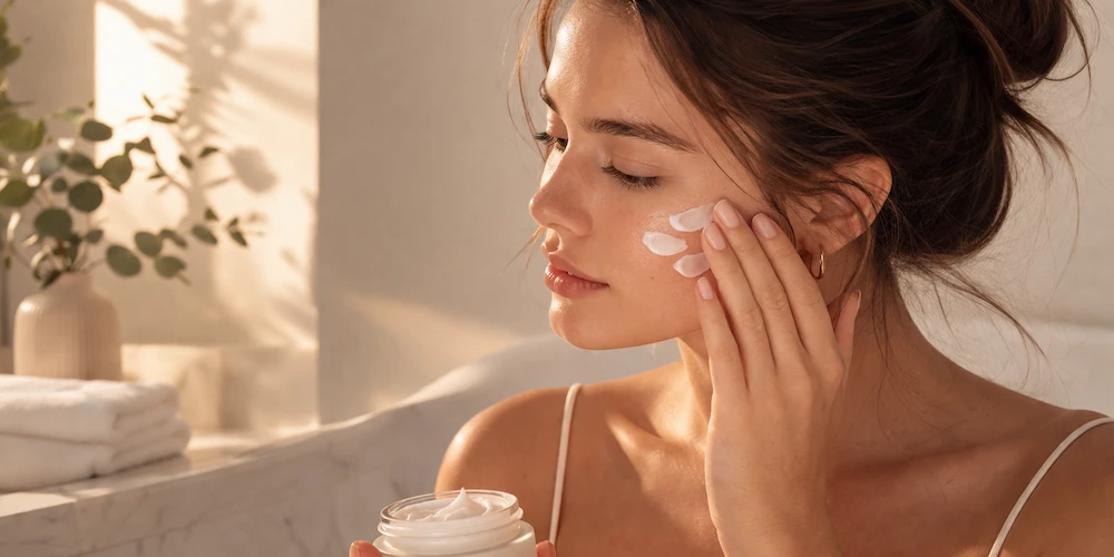 mujer aplicando crema con ceramidas en la piel del rostro