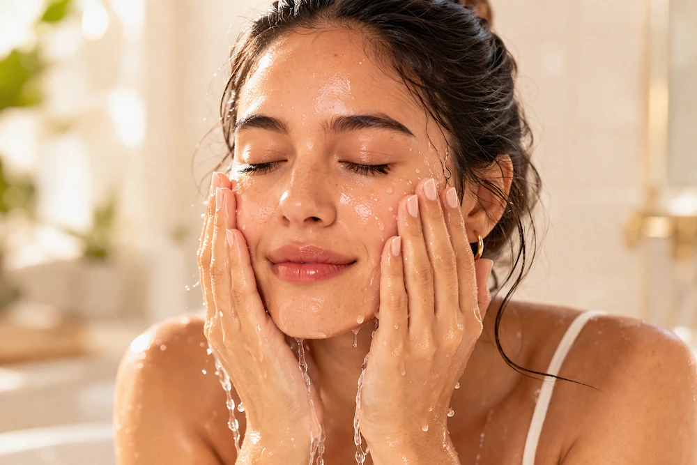 mujer lavándose la cara correctamente con agua en rutina de limpieza facial