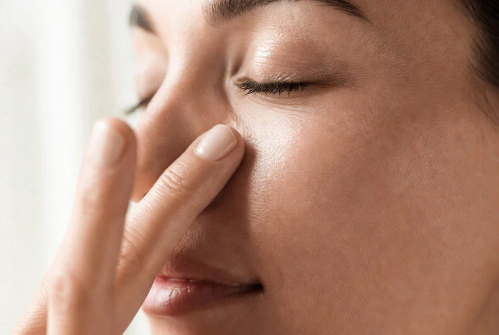 mujer aplicando contorno de ojos con el dedo anular en el área periocular