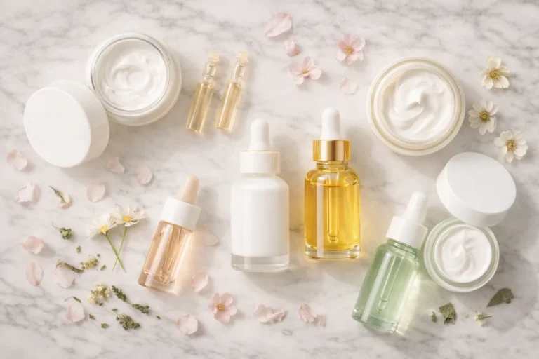 Flat lay de cosméticos coreanos para manchas con serums de niacinamida, vitamina C y ácido tranexámico sobre superficie blanca con pétalos y hojas de té verde