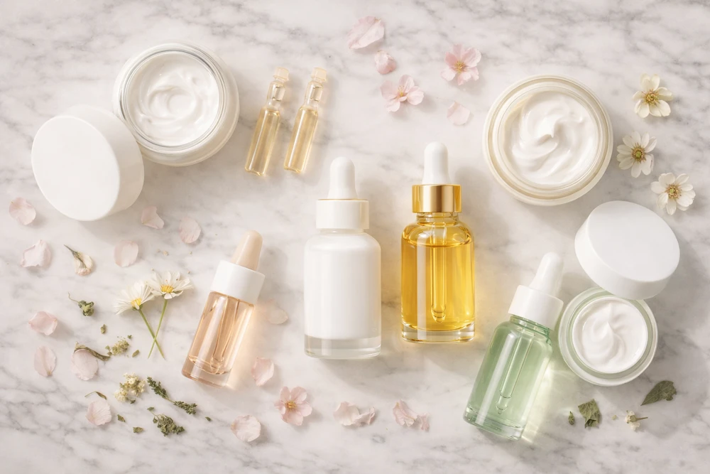Flat lay de cosméticos coreanos para manchas con serums de niacinamida, vitamina C y ácido tranexámico sobre superficie blanca con pétalos y hojas de té verde