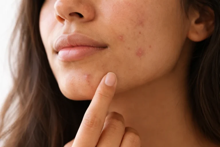 mujer con granos en la cara tocando su mentón sin maquillaje