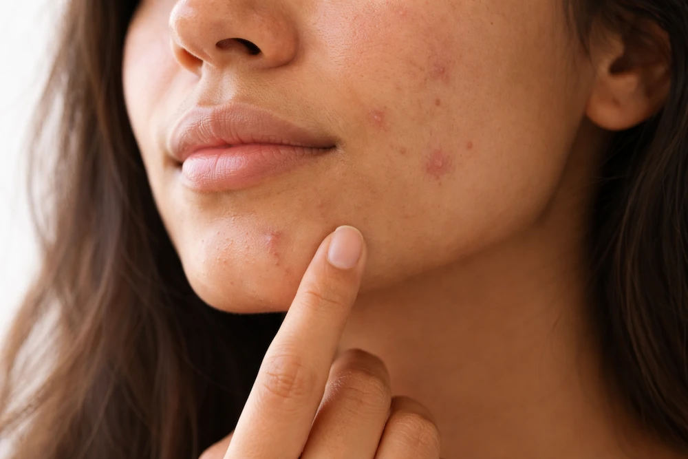 mujer con granos en la cara tocando su mentón sin maquillaje