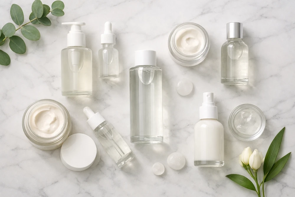 productos de dermocosmética sin etiqueta sobre superficie de mármol blanco