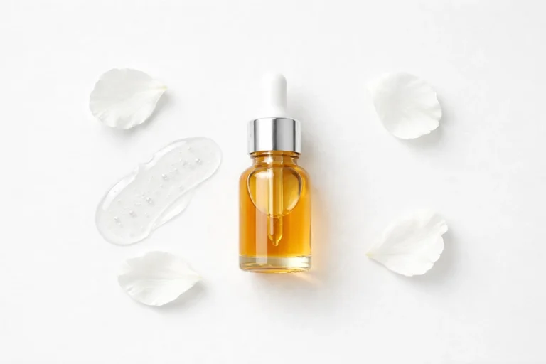 despigmentante facial con sérum y activos cosméticos sobre fondo blanco