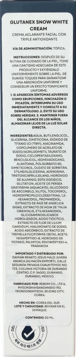 Etiqueta NOM-141 Glutanex Snow White Cream en español — importado y distribuido por Emport México