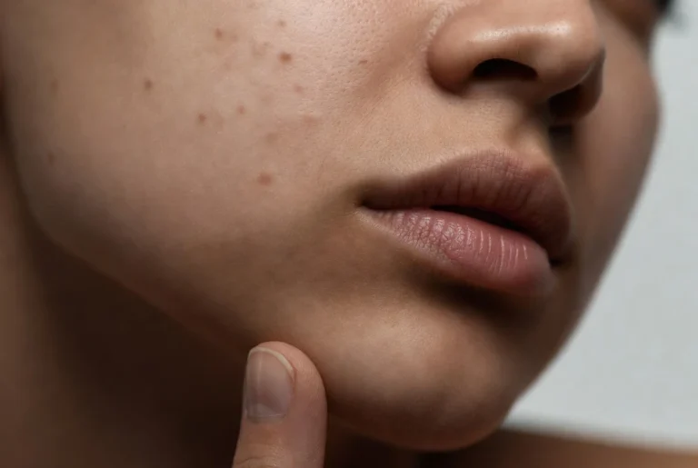 mujer con granos hormonales en mentón y línea de mandíbula