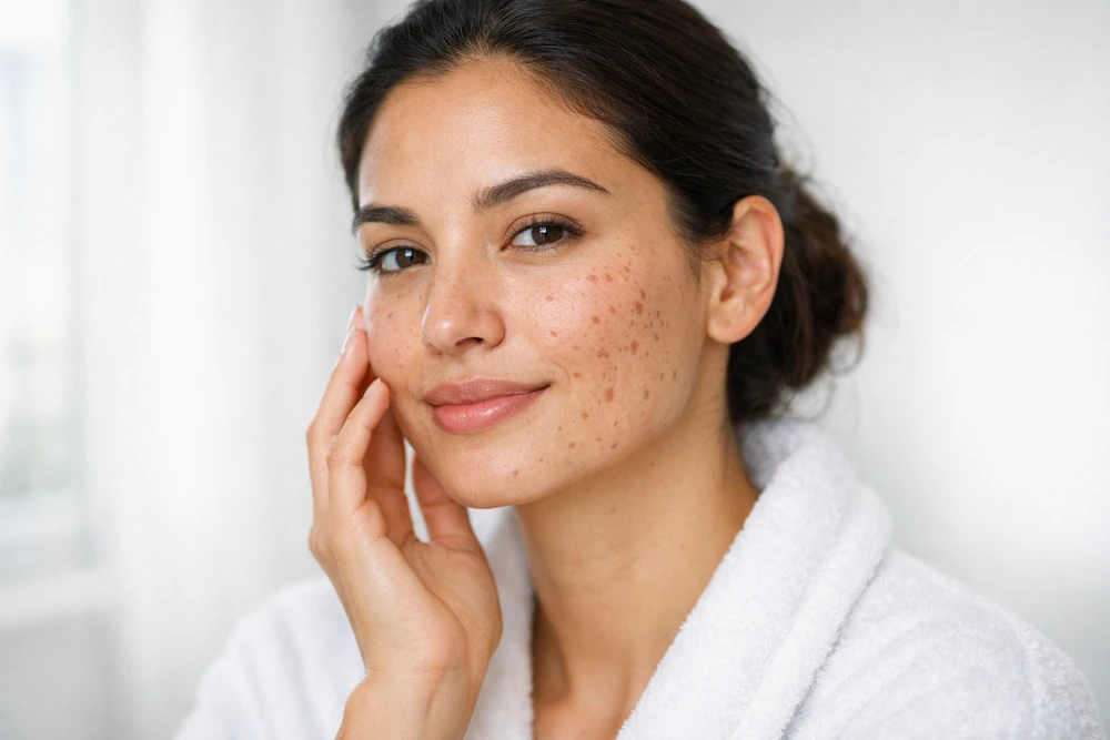 Mujer latina joven con hiperpigmentación postinflamatoria por acné tocando su mejilla bajo luz natural suave con expresión serena y confiada