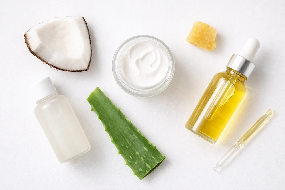 ingredientes comedogénicos en productos cosméticos sobre fondo blanco