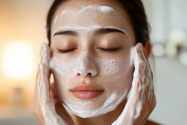 mujer asiática aplicando limpiador coreano en espuma sobre el rostro con expresión serena