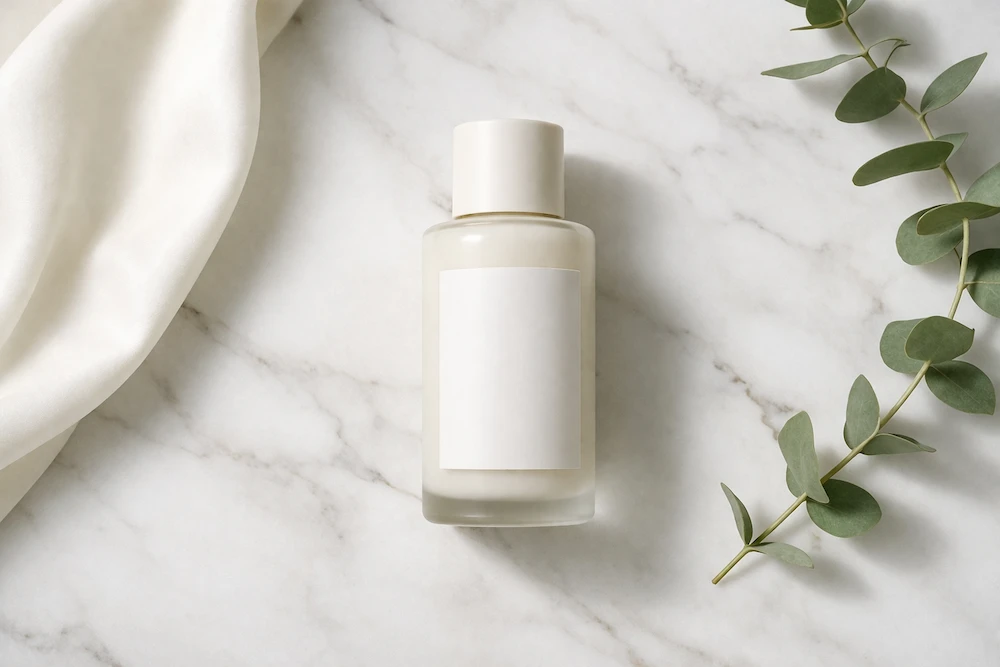 producto de dermocosmética con etiqueta en blanco sobre superficie de mármol blanco