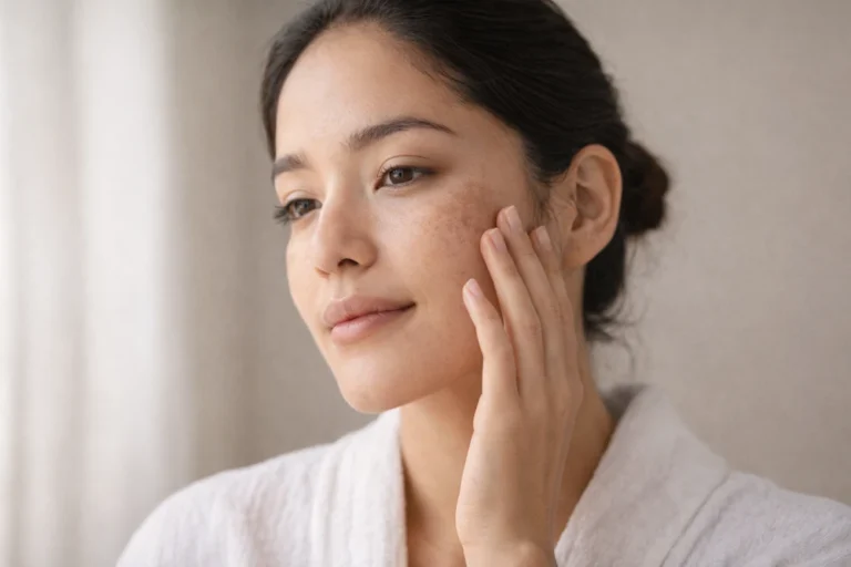 Mujer latina joven tocando su mejilla con manchas de melasma del embarazo bajo luz natural suave con expresión serena