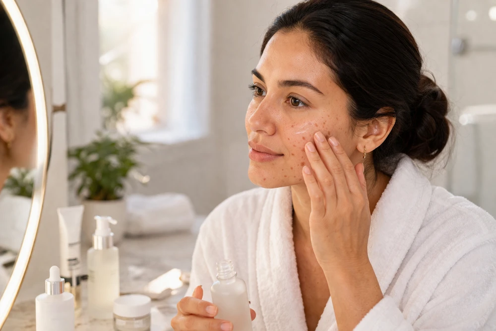 Mujer latina aplicando serum en mejilla frente a espejo con manchas visibles en piel sin maquillaje bajo luz de mañana