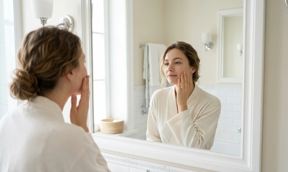 mujer examinando la piel de su rostro frente al espejo del baño