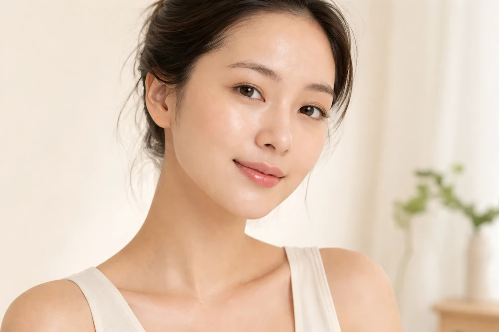 mujer asiática con piel glass skin luminosa y uniforme evocando los resultados del skincare coreano