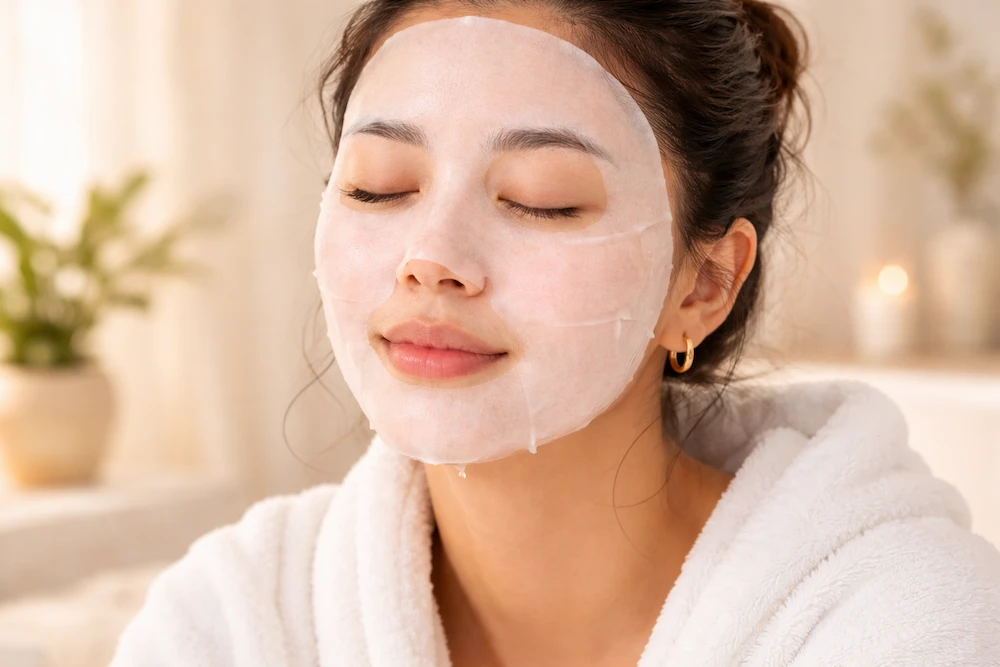 mujer asiática con mascarilla coreana sheet mask aplicada sobre el rostro con expresión serena