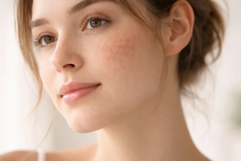 primer plano de rostro femenino con hiperpigmentación en mejilla