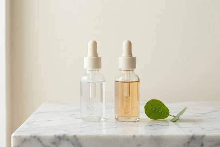 dos frascos de sérum transparente y dorado representando niacinamida y vitamina C