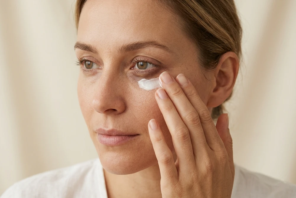 mujer aplicando crema de contorno de ojos en la zona periorbital