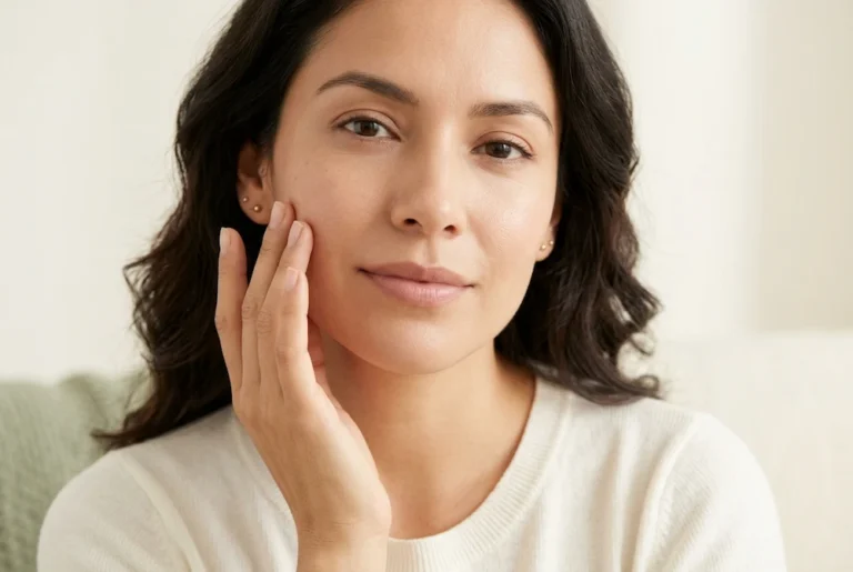 mujer latina con piel hidratada y suave tocándose el rostro evocando los beneficios del pantenol