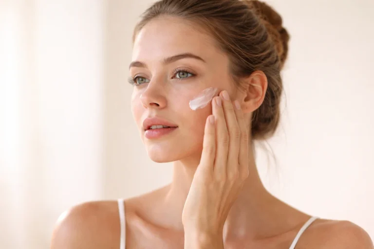 mujer aplicando crema hidratante sobre la piel del rostro