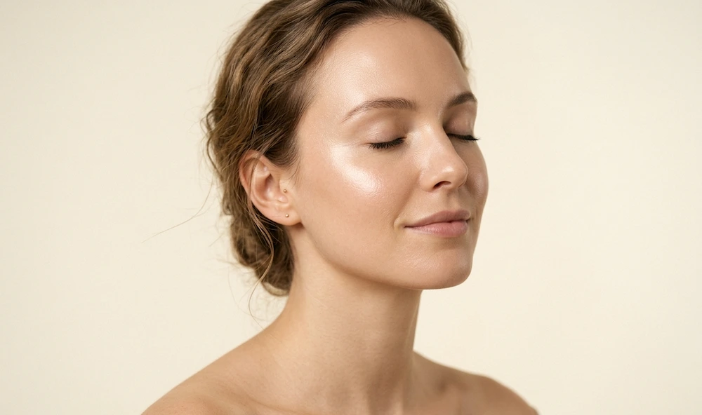 mujer con piel luminosa y saludable sobre fondo crema