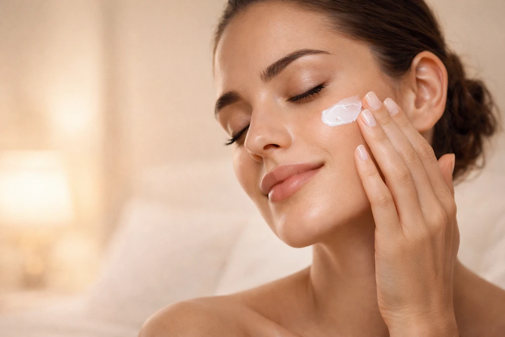 mujer aplicando crema con retinol sobre la piel del rostro